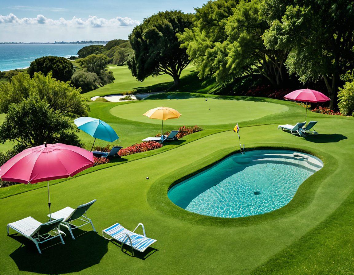 A vibrant golf course with golfers wearing stylish swimwear, showcasing a blend of fashion and sport. Include bright umbrellas, beach towels, and golf clubs alongside a refreshing pool, illustrating a fun and active vibe. Add playful splashes of water and lively greenery. super-realistic. vibrant colors.